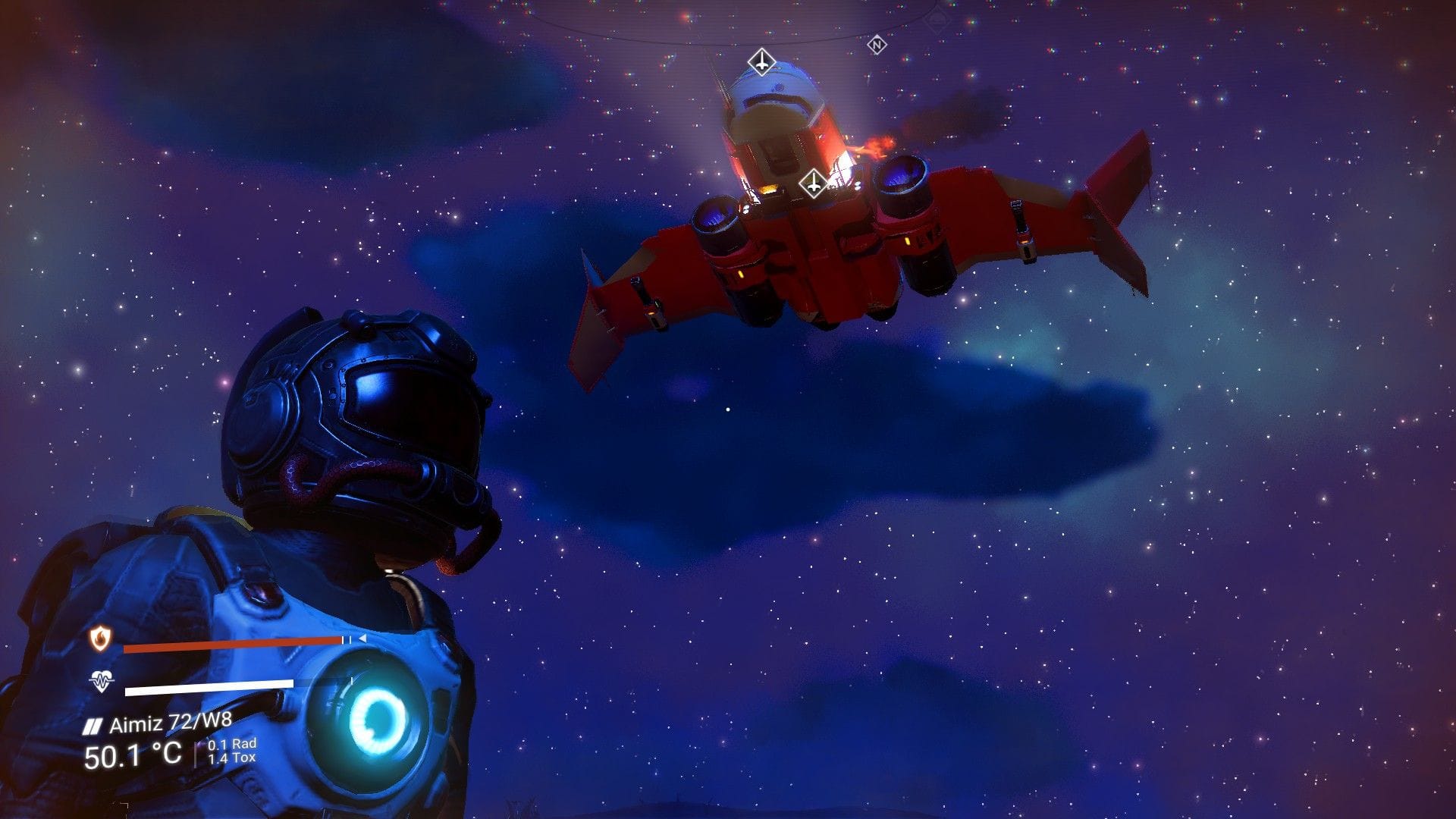 Capture d'écran de No Man's Sky - On y voit le personnage en bas à gauche avec un vaisseau enflammé qui prépare son approche depuis le ciel.